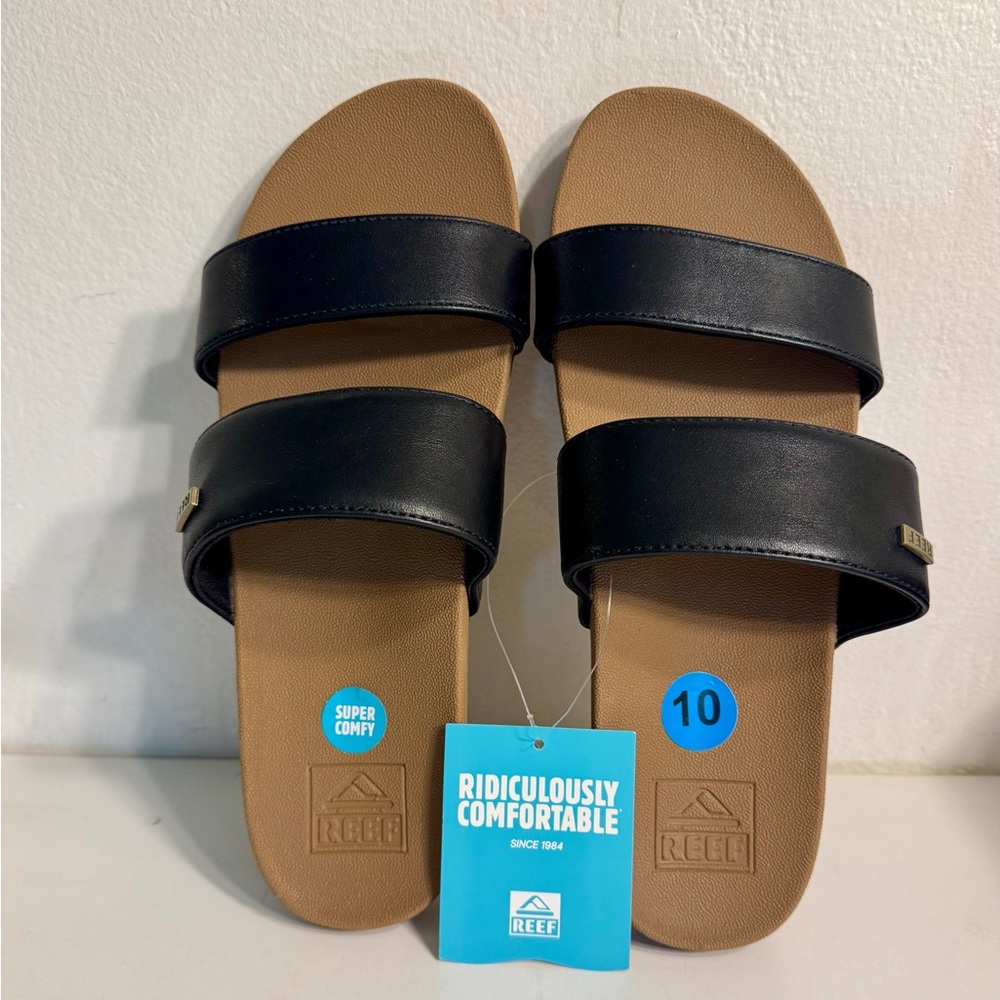 Reef Dual Strap Black and Tan Slides